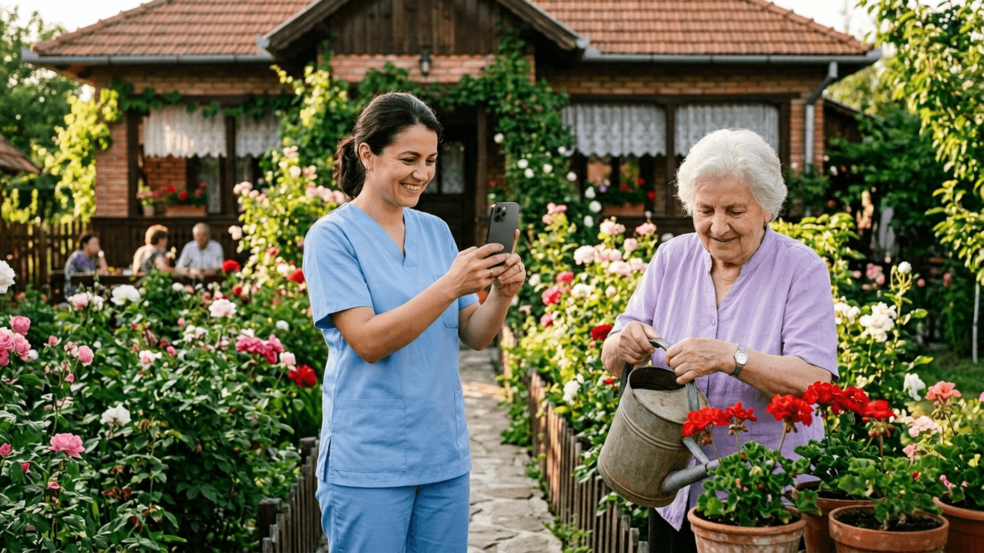 Personal medical fotografiază o beneficiară care udă flori în grădina centrului