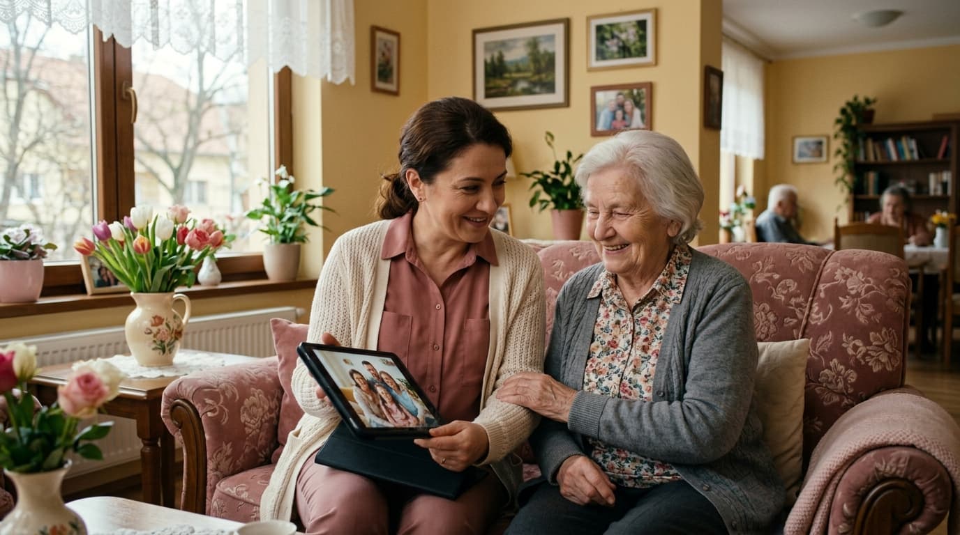 Caregiver arată unei rezidente fotografii pe tabletă într-o sufragerie caldă
